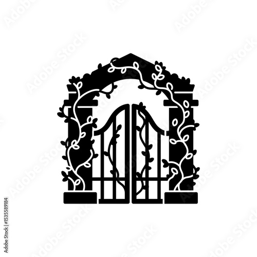 Ancient Gate with Overgrown Vines and Rustic Stone Walls
