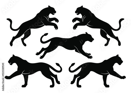 Black panther silhouettes in various poses depicting wildlife and animal movement