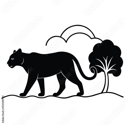 Black panther walking silhouette with tree and cloud elements on a clean white background
