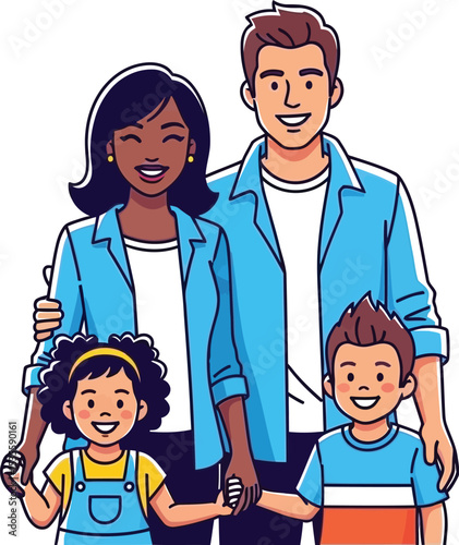 A cartoon illustration of a happy family of four with parents and two children smiling together closely