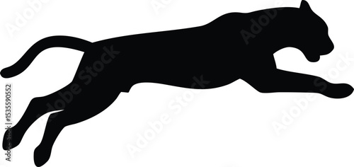 Black silhouette of a jumping panther depicted on a clean white background