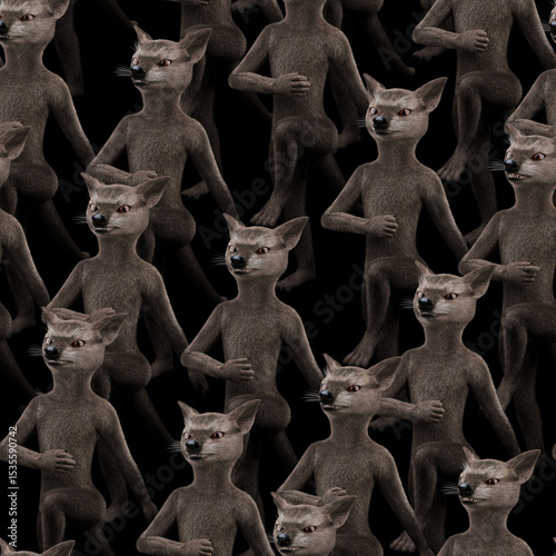 Seamless background rapport tile of anthropomorphic mice marching in place at night based on 3d rendering on black. No AI used