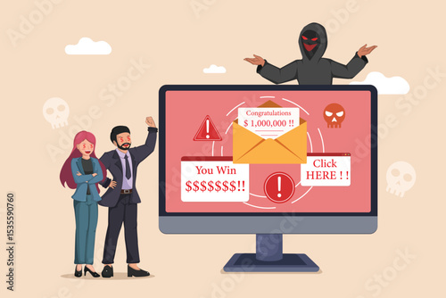 Cybercrime Scam Alert: Hacker Celebrating Above a Computer Screen Displaying Deceptive "You Win" and "Congratulations" Pop-ups, Targeting Unsuspecting Users.