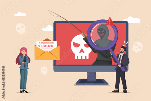 Cybercrime Prevention: Business Man Investigating Online Scams and Phishing Attacks with Magnifying Glass, Woman Contemplating a Deceptive Prize Email.