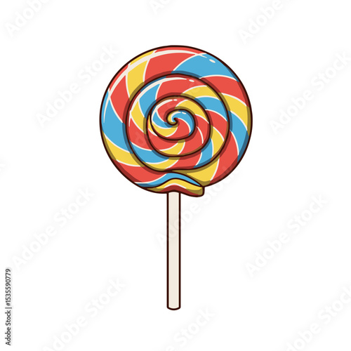 Colorful spiral lollipop with red, blue, and yellow stripes  