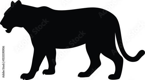 Black silhouette of a panther walking proudly across the white background isolated design