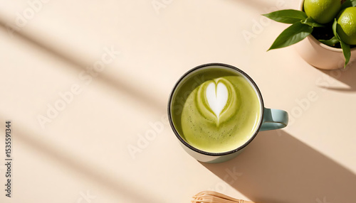 Green matcha latte with heart design in stylish mug on table  