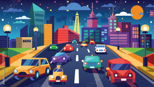 Cartoon Cars Driving Through Colorful City at Night with Starry Sky and Moon
