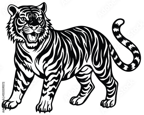 Bold black and white illustration of a roaring tiger on a clean white background