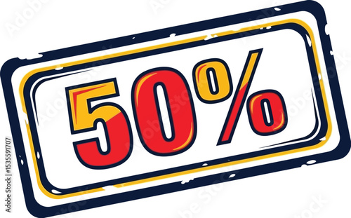 A stylized sign displaying fifty percent off with red numbers and a blue and yellow border design