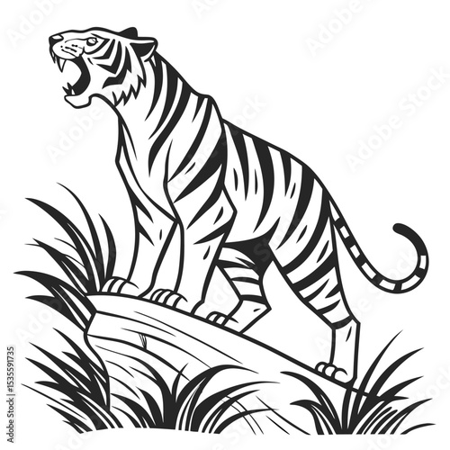 Bold black and white illustration of a roaring tiger perched on a wooden log