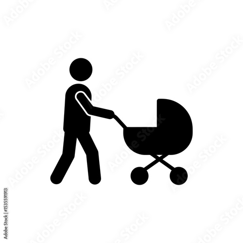Character Pushing Baby Stroller Outdoors Walking