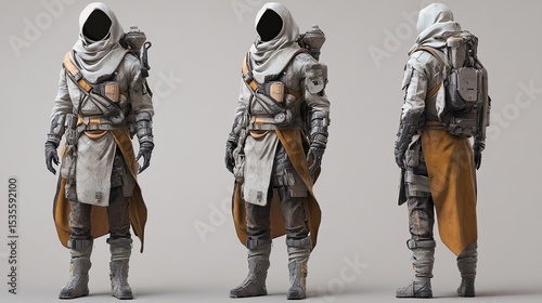 Figure in hooded outfit, white/yellow cloth, pouches, and backpack facing three angles