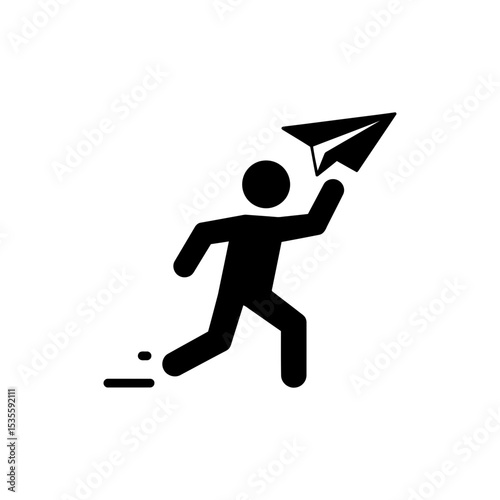 Character flying paper airplane enjoying playful outdoor activity