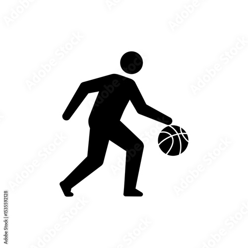 Character dribbling basketball on court playing sports