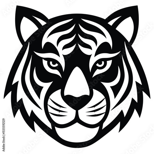 Bold black and white vector illustration of a striking tiger face portrait