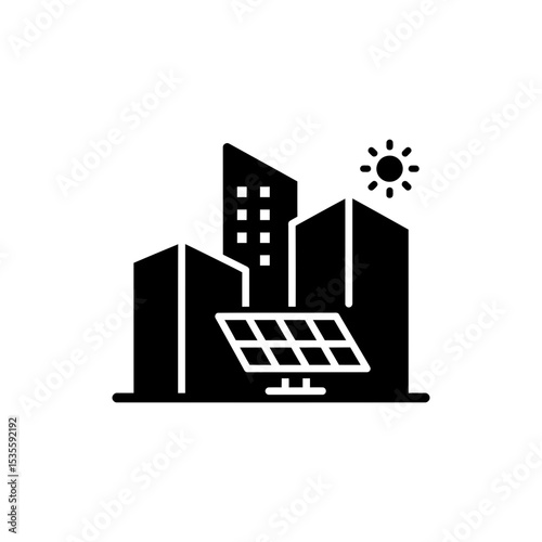 Urban Buildings with Solar Icons Representing Renewable Energy in Cities