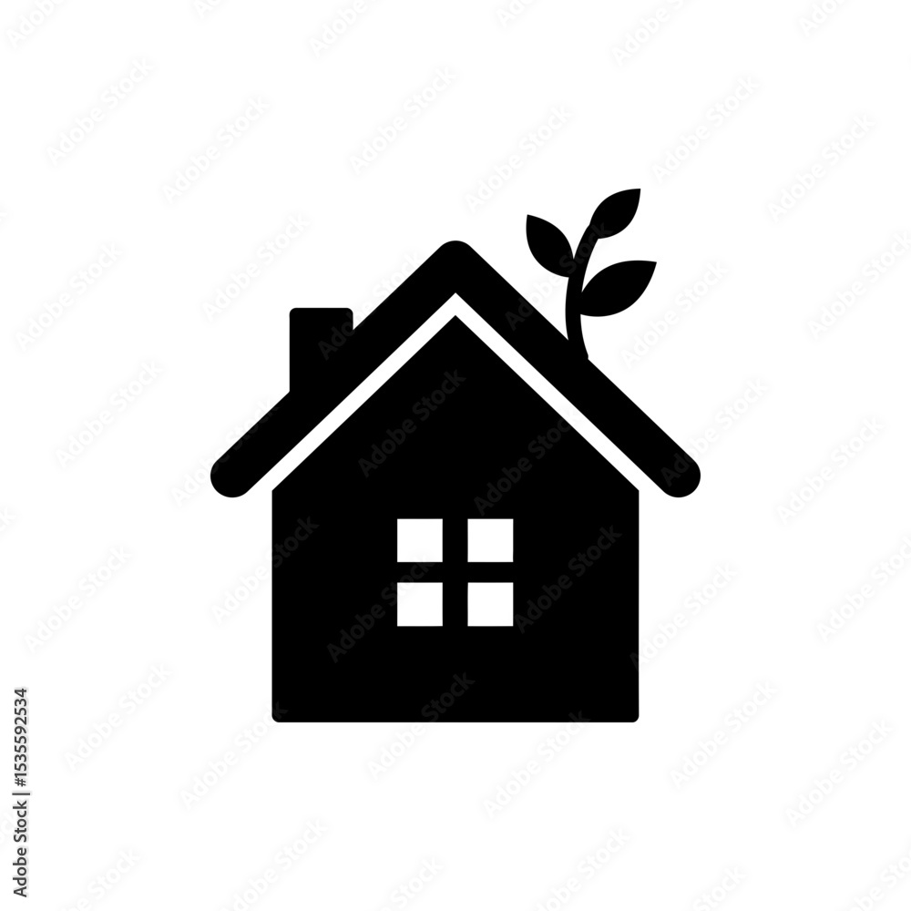 House with plant growing from chimney icon representing eco housing House with plant growing from chimney icon representing eco housing