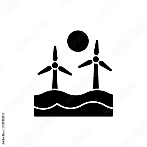 Ocean icon with turbine and sun representing renewable marine energy
