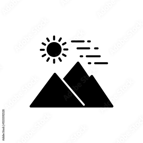 Mountain icon with sun and clean air lines for natural environment