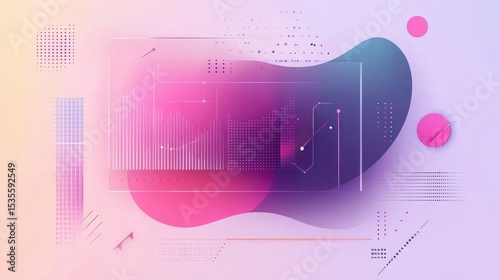 Abstract background with geometric shapes and a fluid gradient in pink, purple, and blue. Modern design with halftone patterns and line elements for creative use.