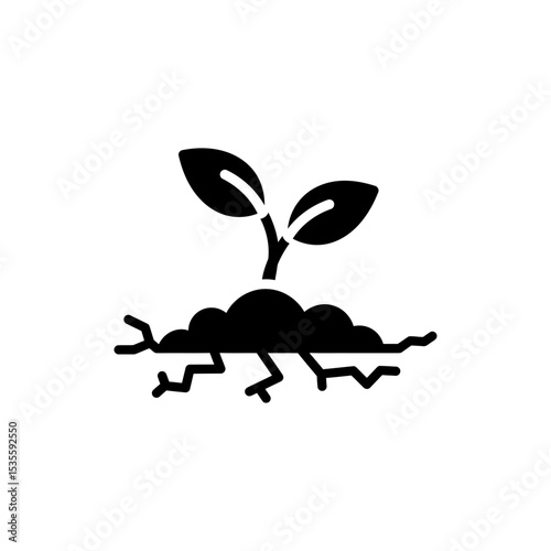 Plant sprouting upward from cracked dry soil