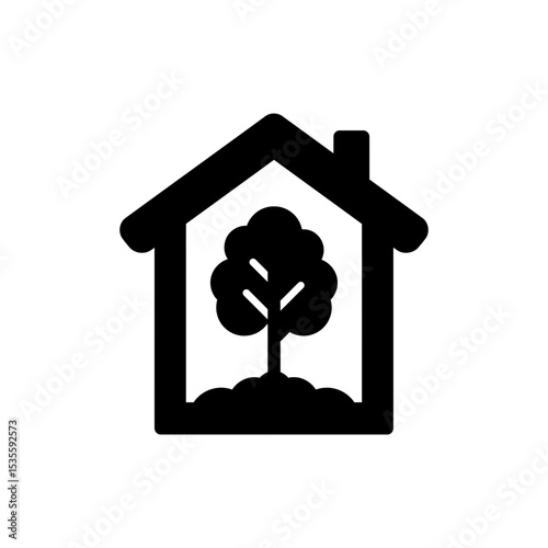 Tree growing inside house silhouette icon representing eco housing