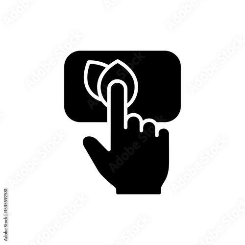 Hand pressing leaf-shaped switch icon representing eco technology