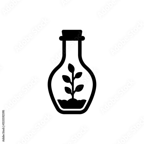 Glass bottle icon with growing plant representing green packaging