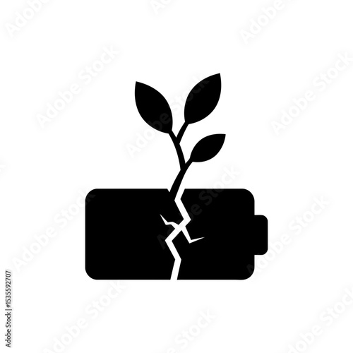 Battery icon with cracked plant symbol showing environmental impact
