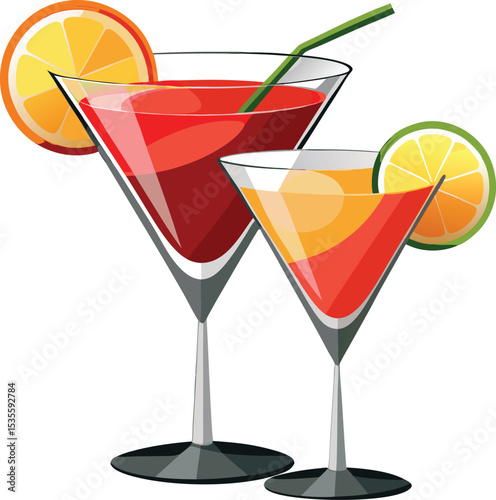 Two colorful cocktails with orange and lime slices