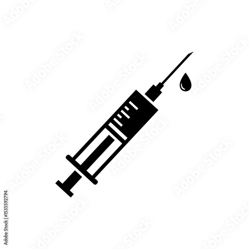 Medical syringe with needle tip and droplet at end