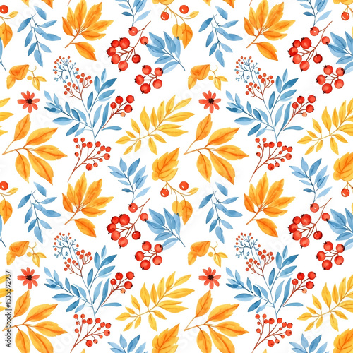 Watercolor Autumn Floral Seamless Pattern: Fall Leaves, Berries, Branches, Botanical Illustration
