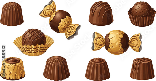 A collection of assorted chocolate candies and truffles on a white background in a flat lay style