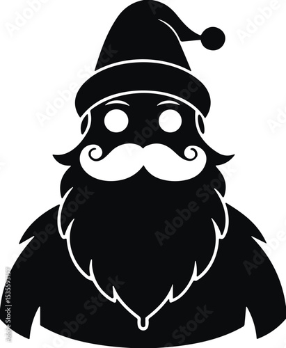 Minimalistic black Santa Claus silhouette illustration with a mustache, Santa hat, and beard for Christmas design, isolated on a transparent background, vector style artwork
