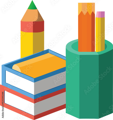 Colorful pencils books and holder school supplies illustration