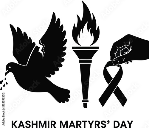 A symbolic representation featuring a dove, torch, ribbon and hand on a white background design art