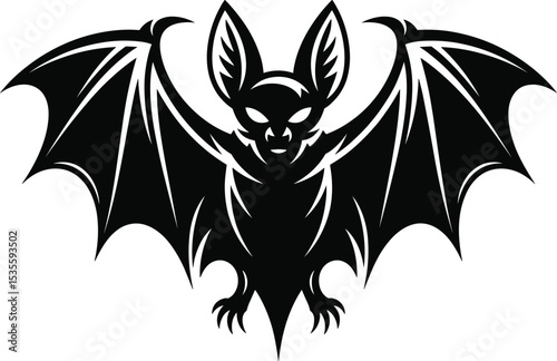 Silhouette of a dramatic bat with sharp, detailed wings and menacing expression, isolated on a clean transparent background, perfect for Halloween and dark-themed designs on Adobe Stock.