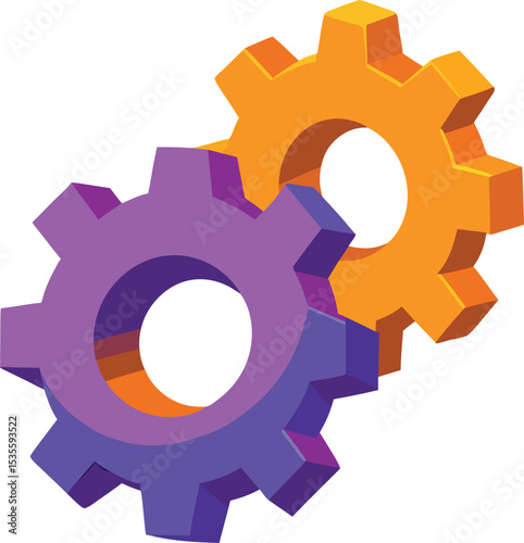 Purple and orange interlocking gears teamwork concept