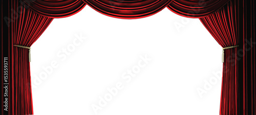 Theater Stage Curtains: The grand, red theater curtains frame an empty stage, creating a dramatic and inviting space, evoking anticipation. The image captures the elegance of the theatrical arts.