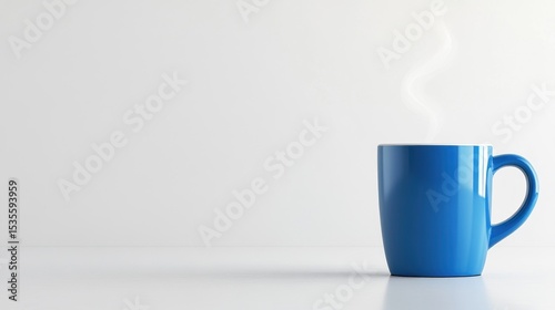 Blue ceramic coffee cup with steam rising on a minimalist white background, ideal for morning beverage and relaxation themes