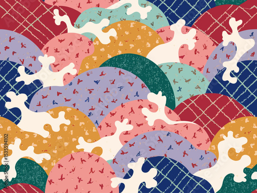  seamless tile pattern featuring a bold hand-painted tartan as the main background, overlaid with expressive organic wave motifs in a naive folkloric style 
