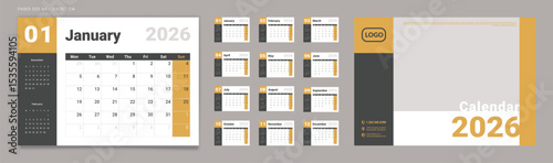 2026 Calendar Planner Set of Template Monthly Page and cover with Place for Photo, Company Logo. Vector layout of a wall or desk calendar with week start Monday for print. Page for size A4 -21x29.7cm