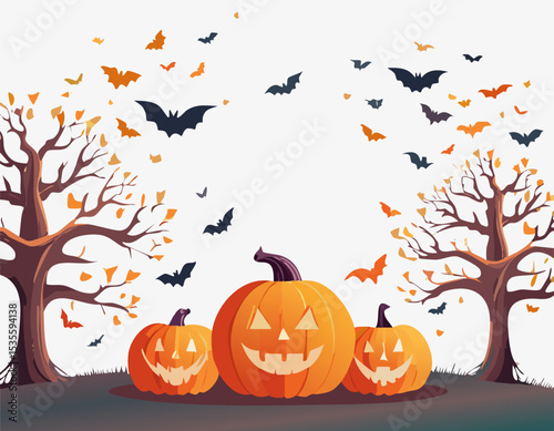 Whimsical Halloween pumpkins with funny faces, scattered bats, autumn trees with orange leaves, clean and non realistic flat art on white background, seasonal decoration with room for text.
