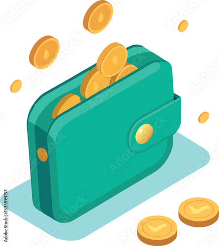 Teal wallet filled with golden coins isometric illustration