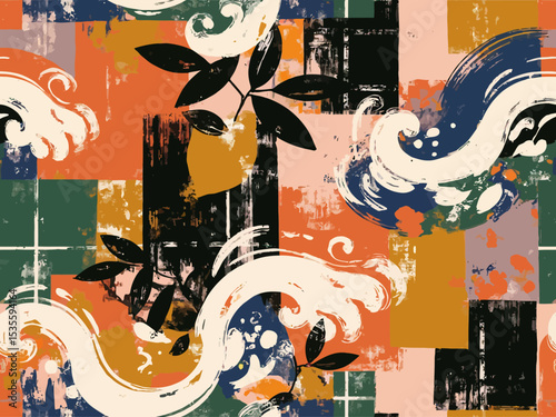  seamless tile pattern featuring a bold hand-painted tartan as the main background, overlaid with expressive organic wave motifs in a naive folkloric style 