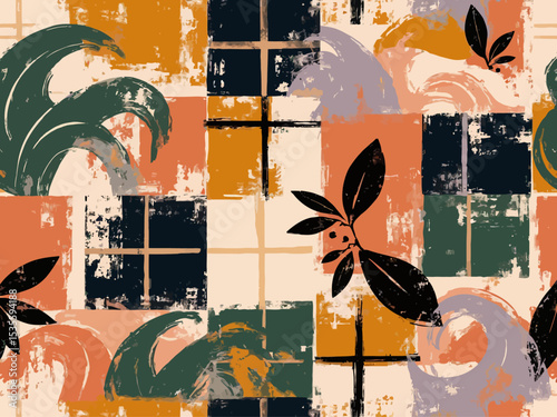  seamless tile pattern featuring a bold hand-painted tartan as the main background, overlaid with expressive organic wave motifs in a naive folkloric style 