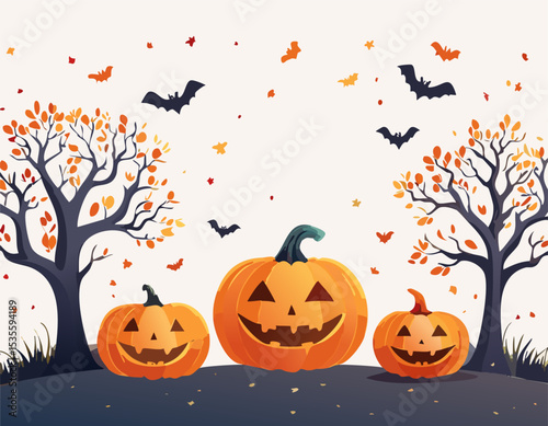 Cute carved pumpkins lined up under eerie leafless trees with bats fluttering above, festive Halloween mood with soft shadows and minimal shading, blank area perfect for adding messages.