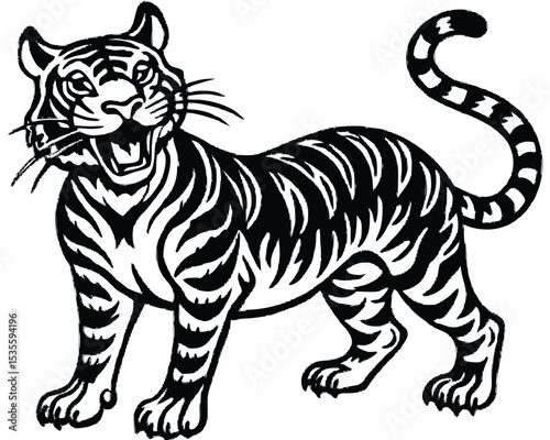 Fierce black and white tiger illustration roaring with striking brushstroke effects