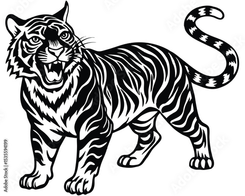 Fierce black and white tiger illustration with bold lines and detailed graphic design